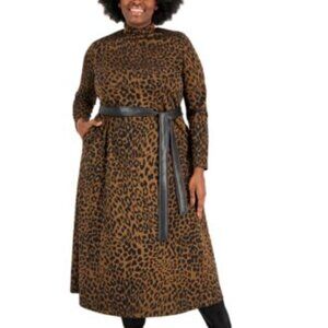 Anne Klein Plus Size Jacquard Leopard Belted Mockneck Espresso Dress Anne Black